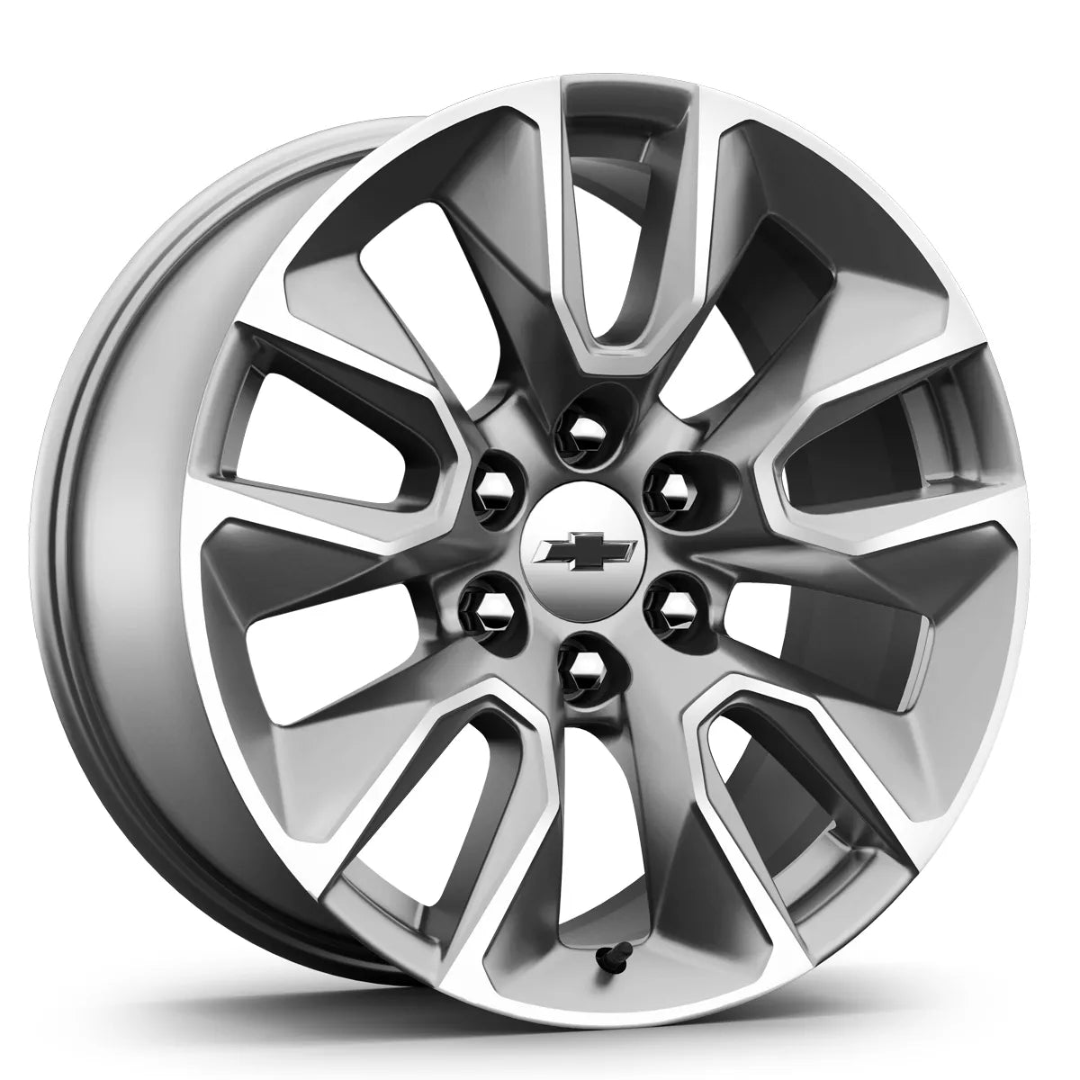 Chrome car wheel rim with Chevrolet logo on a white background