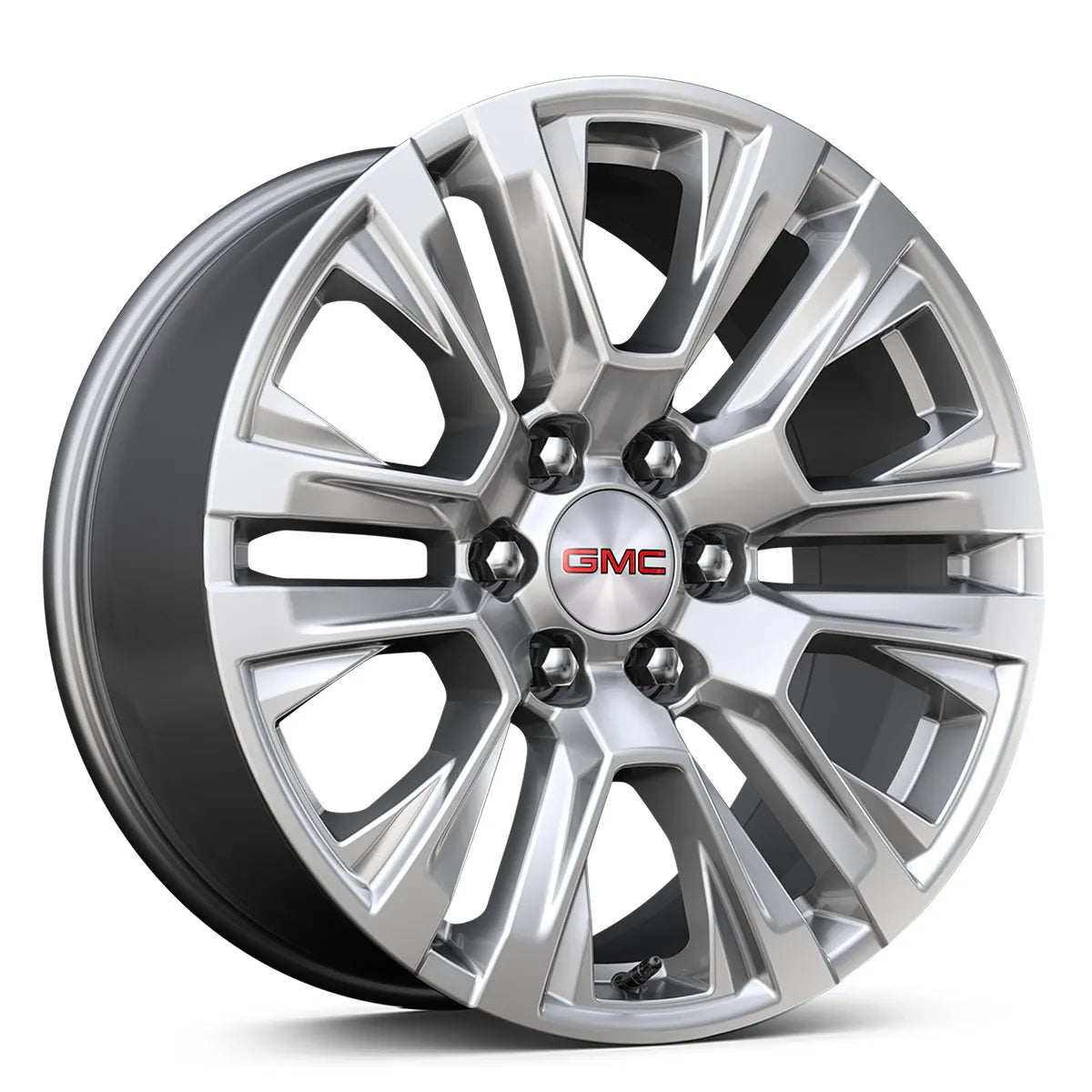 20-inch polished aluminum wheel silhouette from a 2023 GMC Sierra 1500, with a visible GMC logo in the center.