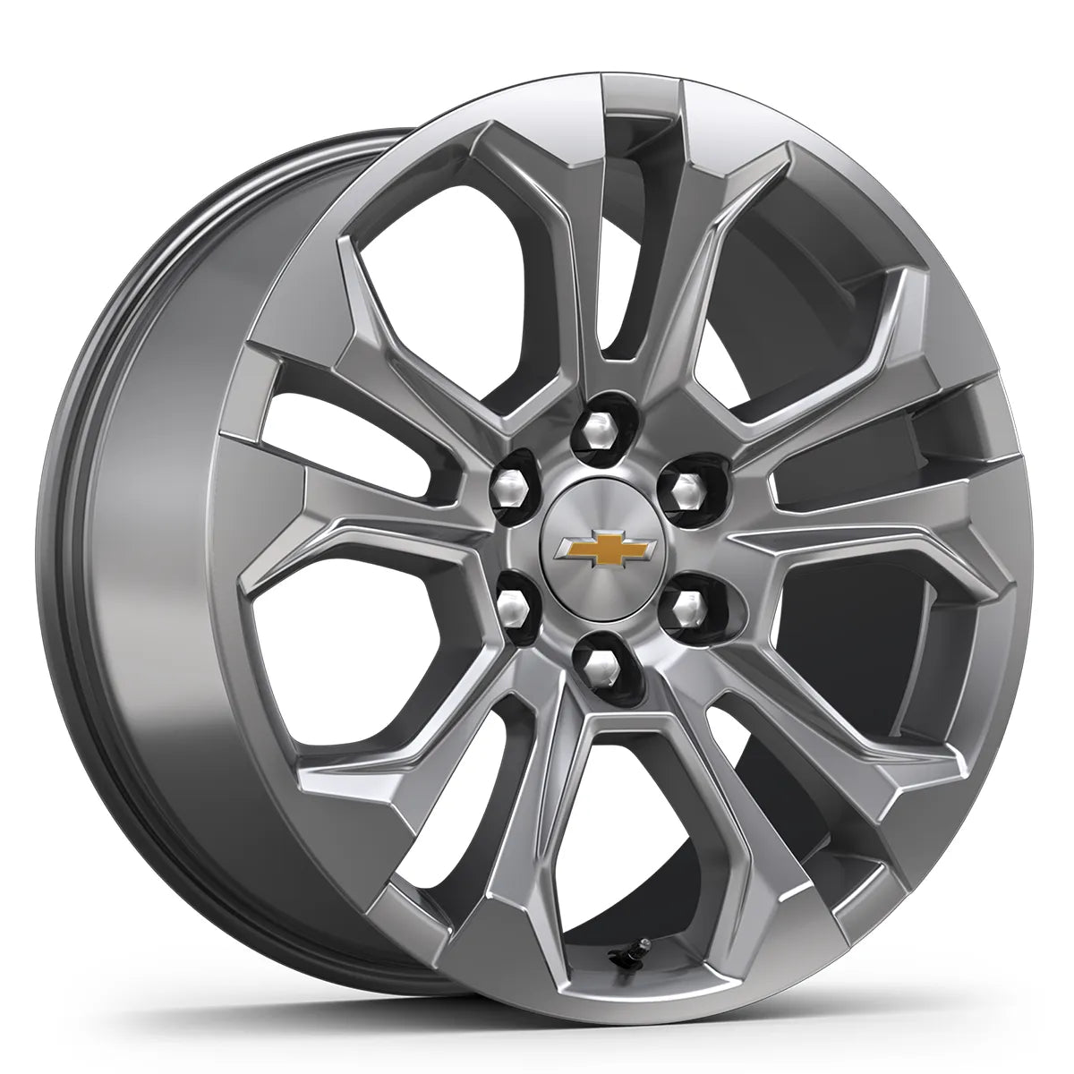 Chrome car wheel rim with Chevrolet logo on a white background