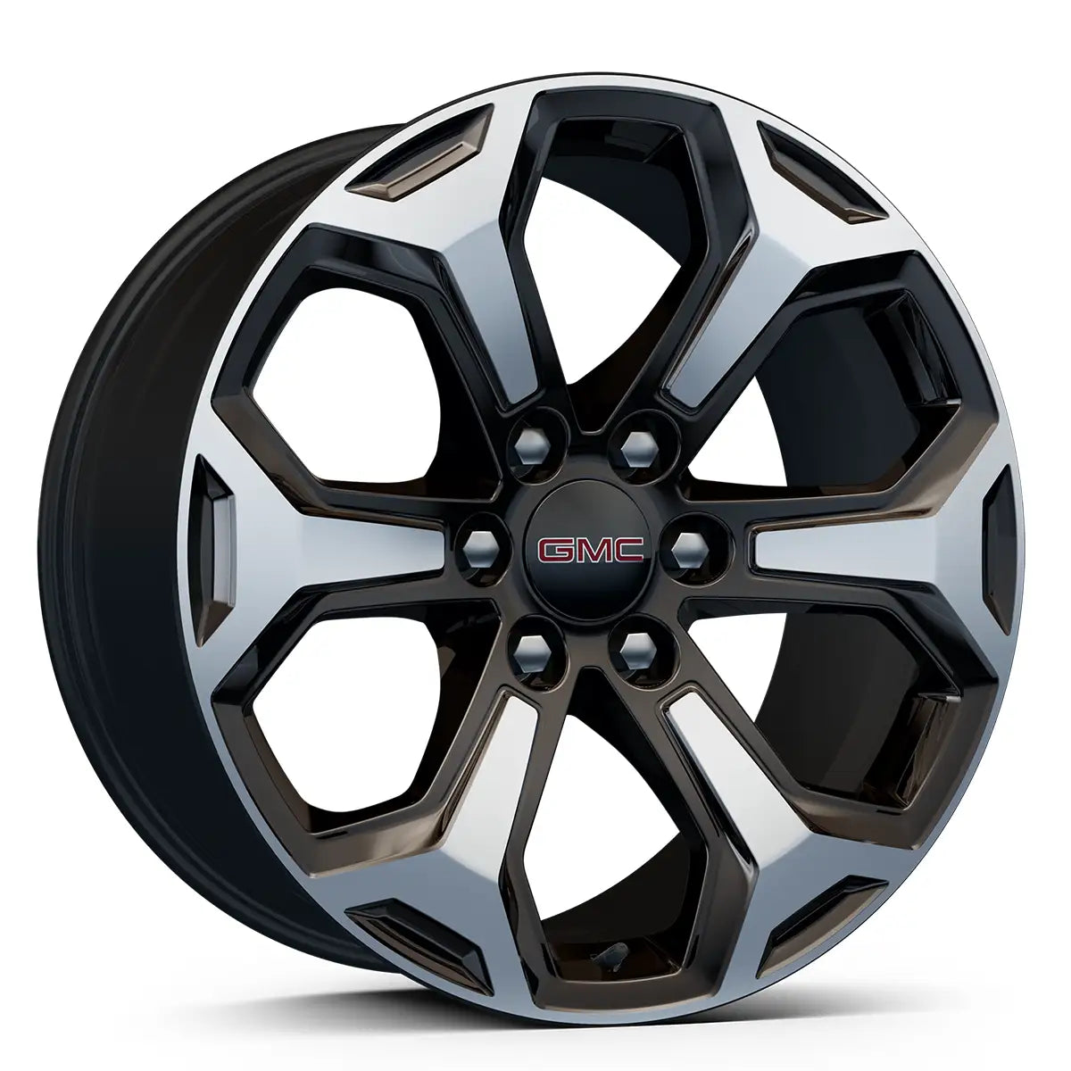 Car wheel rim with GMC logo on a white background