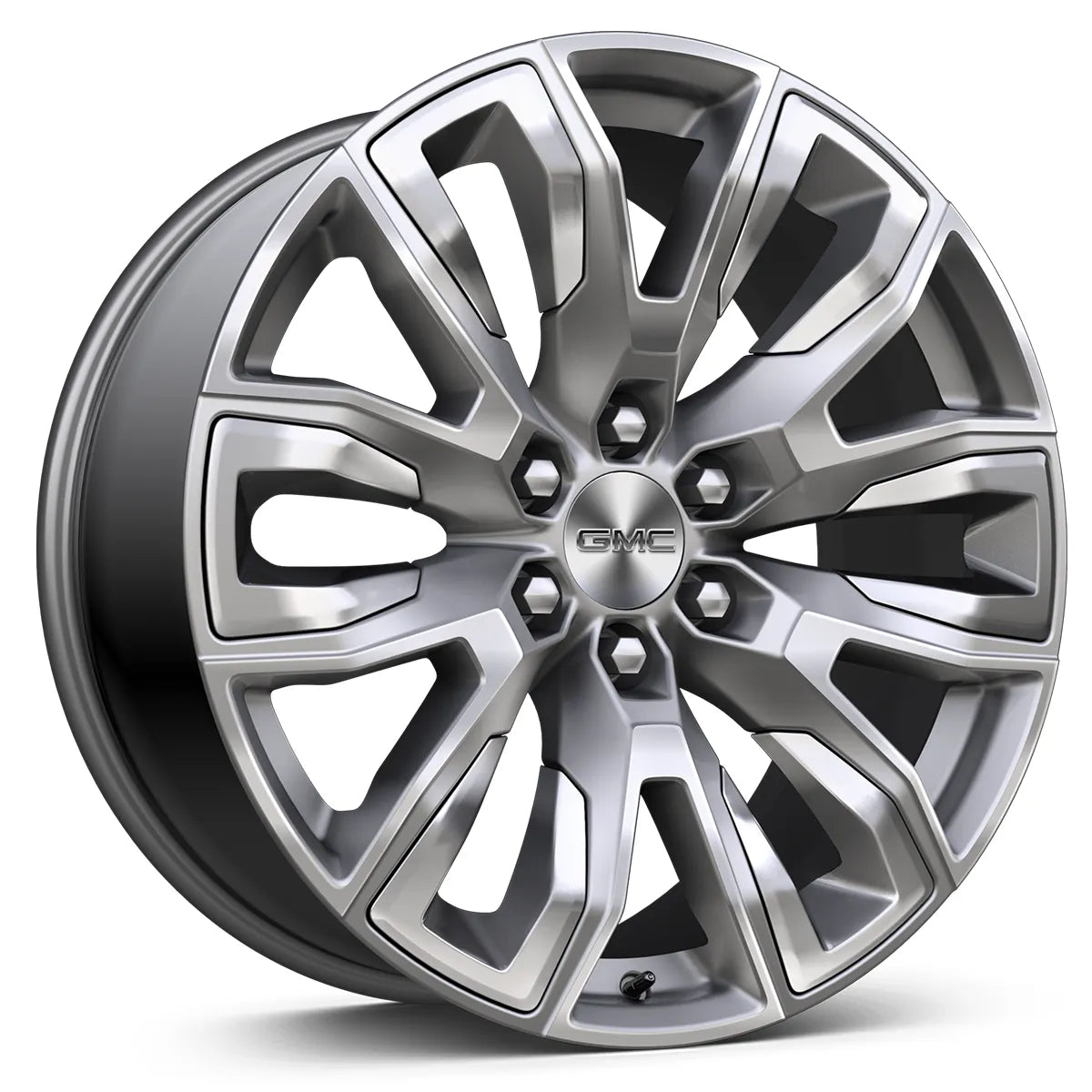 22-inch painted aluminum car wheel with machining and bright chrome inserts, branded with GMC.